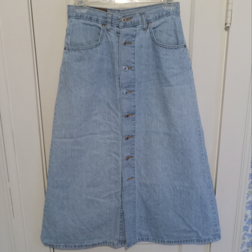 Vintage High Waist Button Up Denim Midi Skirt